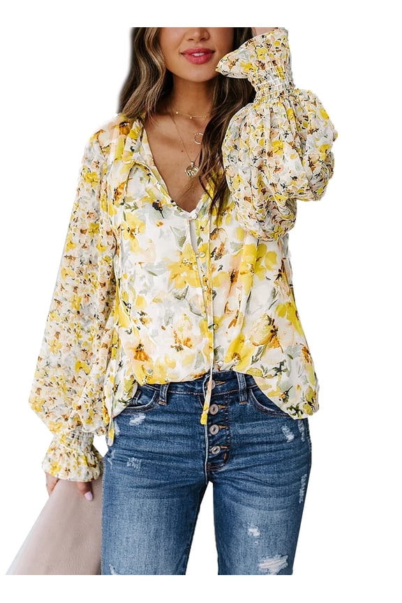 Boho Blouses for Women Casual V Neck Drawstring Chiffon Tops Floral Print Puff Sleeve Button Shirts Yellow M