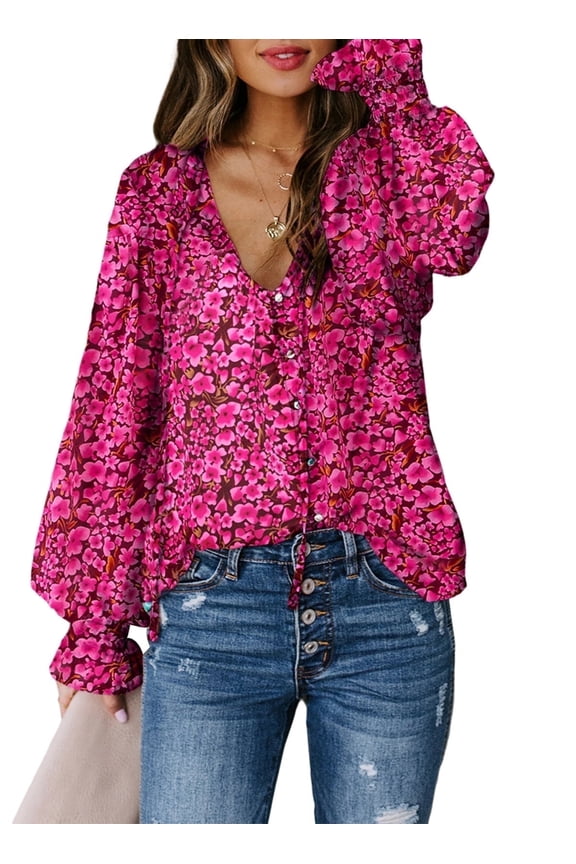 Boho Tops for Women Casual V Neck Long Sleeve Chiffon Blouses Loose Drawstring Button Down Shirts Purple L