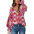 thumbnail image 1 of EVALESS Boho Tops for Women Casual V Neck Long Sleeve Drawstring Button Chiffon Blouses Shirt Rose S, 1 of 4