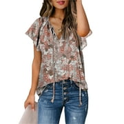 EVALESS Boho Tops for Women Summer Floral Print Ruffle Short Sleeve Shirt Blouses Casual Drawstring V Neck Smocked Khaki XL