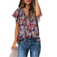 thumbnail image 1 of EVALESS Boho Womens Tops Floral Print Ruffle Short Sleeve Blouses Casual V Neck Drawstring Loose Tunic Shirt Blue XL, 1 of 8