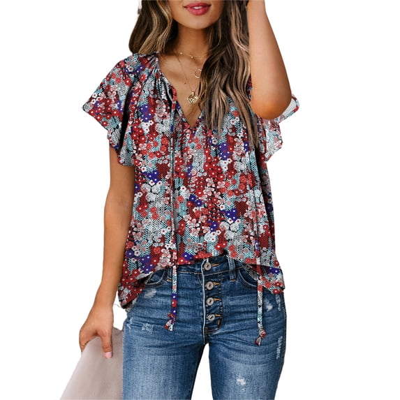 EVALESS Boho Womens Tops Floral Print Ruffle Short Sleeve Blouses Casual V Neck Drawstring Loose Tunic Shirt Blue XL