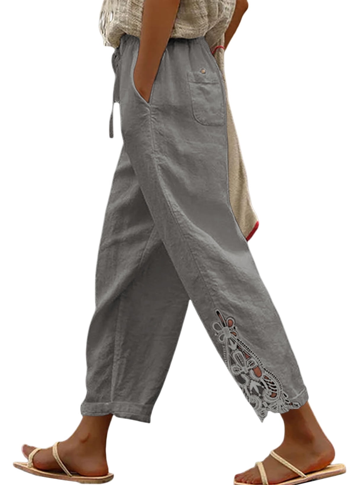 EVALESS Casual Pants for Women Drawstring Linen Pants Lightweight