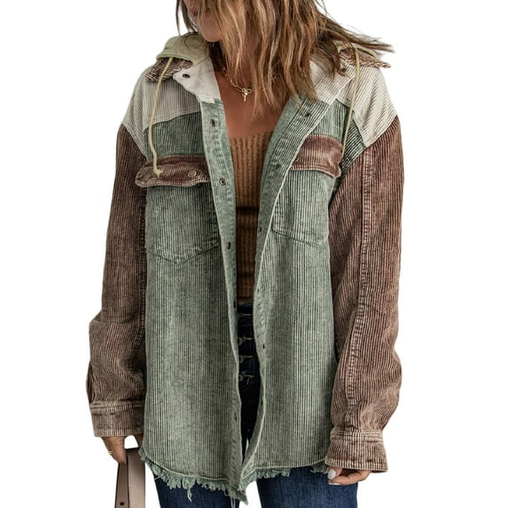 EVALESS Corduroy Jackets for Women Oversized Shacket Jacket Long Sleeve Button Down Colorblock Hooded Coats with Pockets