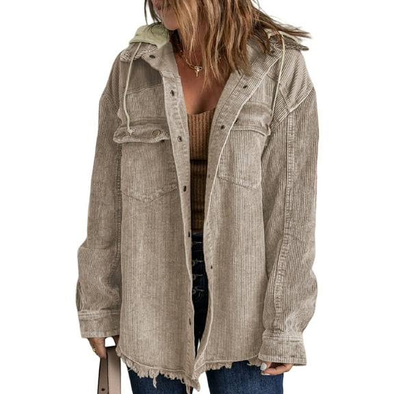 EVALESS Corduroy Shacket Women Casual Colorblock Long Sleeve Button Down Hooded Jackets Raw Hem Warm Coats Outerwear