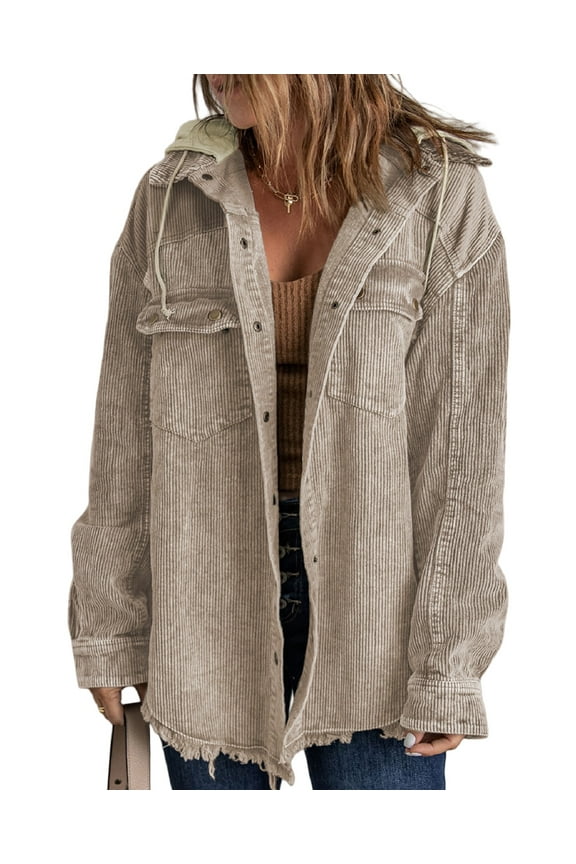 Corduroy Shacket Women Casual Colorblock Long Sleeve Button Down Hooded Jackets Raw Hem Warm Coats Outerwear