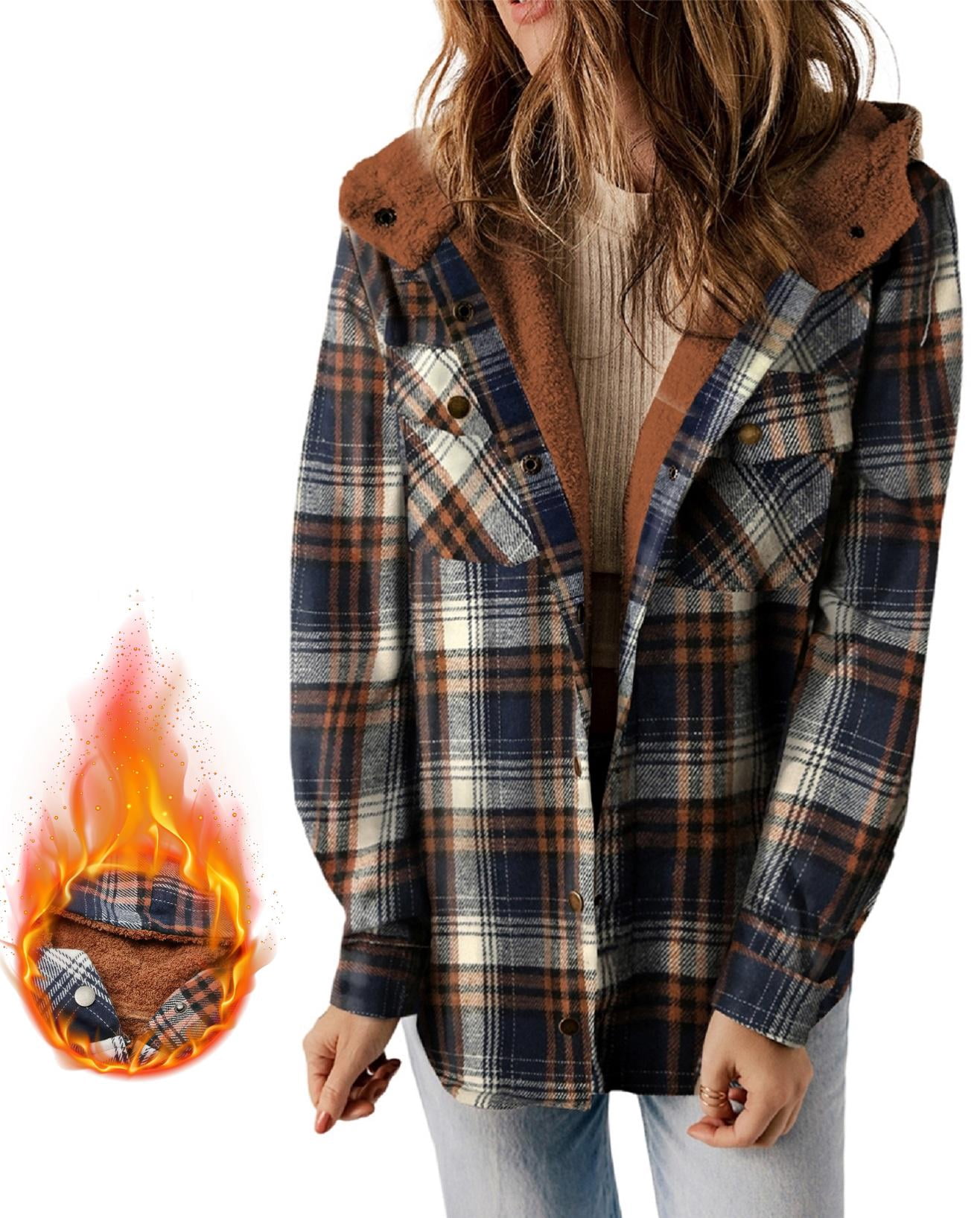 Fleece Jackets for Women Casual Plaid Shirt Jacket Long Sleeve Button Down Sherpa Hooded Shcaket Ladies Winter Coat S Blue