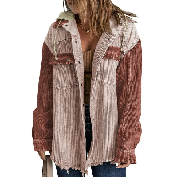 EVALESS Hooded Jackets for Women Corduroy Shackets Colorblock Casual Long Sleeve Shirt Coats Raw Hem Button Down Outerwear
