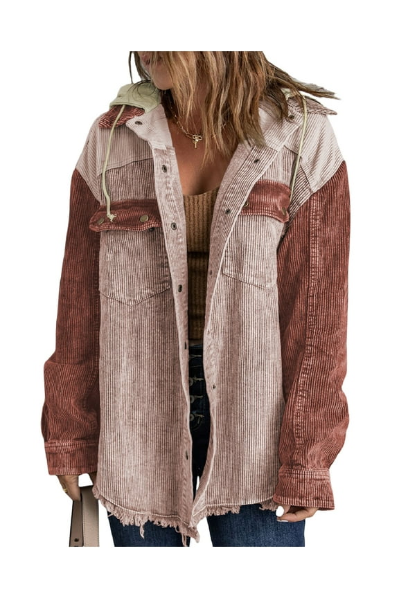 Hooded Jackets for Women Corduroy Shackets Colorblock Casual Long Sleeve Shirt Coats Raw Hem Button Down Outerwear