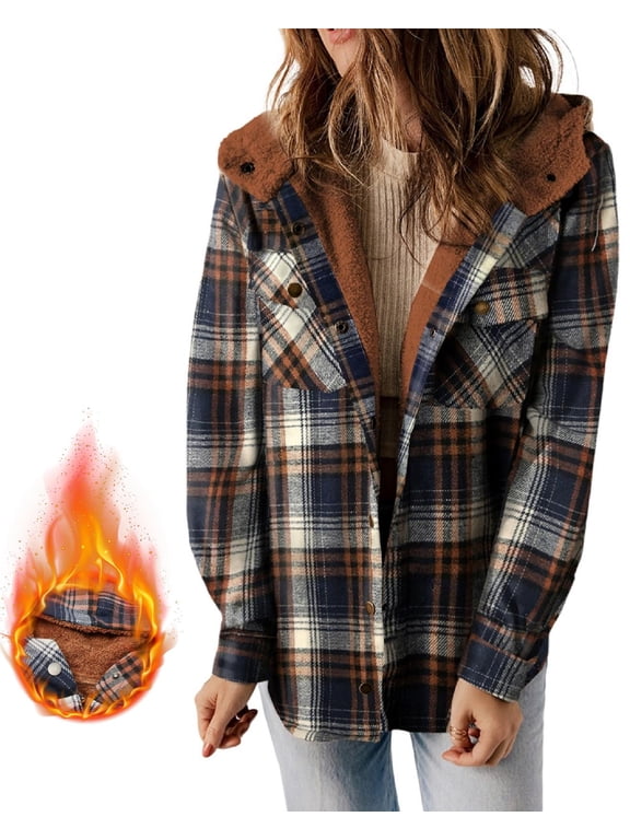 Hooded Jackets for Women Plaid Long Sleeve Button Down Shacket Plus Size Coats Sherpa Fleece Jacket XL Blue