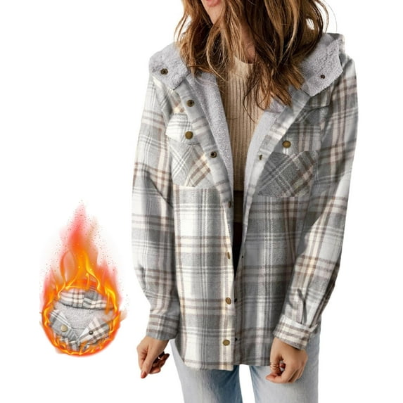 EVALESS Oversized Jackets for Women Flannel Shacket Hooded Plaid Shirt Jacket Long Sleeve Button Down Fleece Lined Coats Fall Sherpa Jacket Outerwear Size X-Large US 16-18