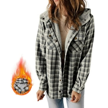 EVALESS Plus Size Jackets for Women Plaid Shacket Jacket Sherpa Lined Flannel Jackets Oversized Button Down Fleece Hooded Warm Coat XL Black