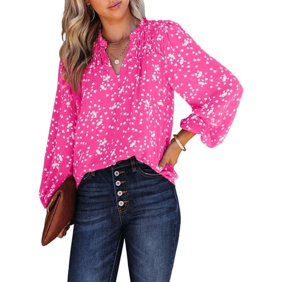 SHEWIN Plus Size Tops for Women Dressy V Neck Puff Long Sleeve Casual Boho Floral Printed Chiffon Shirt Blouses Pink XL