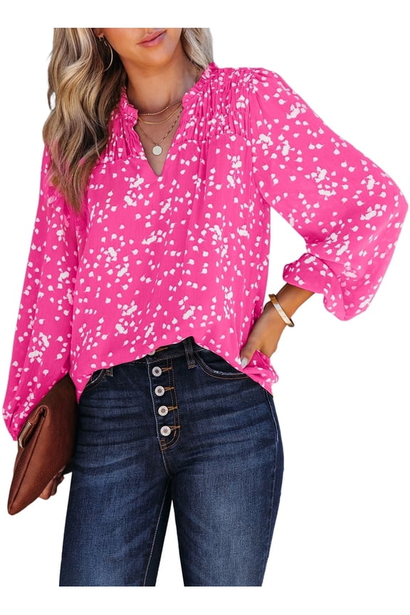 Plus Size Tops for Women Dressy V Neck Puff Long Sleeve Casual Boho Floral Printed Chiffon Shirt Blouses Pink XL