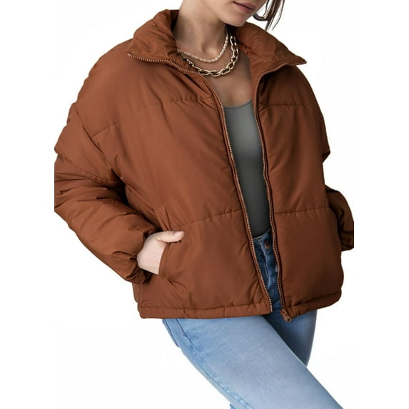 EVALESS Puffer Jacket Women Full Zipper Long Sleeve Padding Warm Lightweight Quilted Jackets Winter Short Coat Outerwear Orange S
