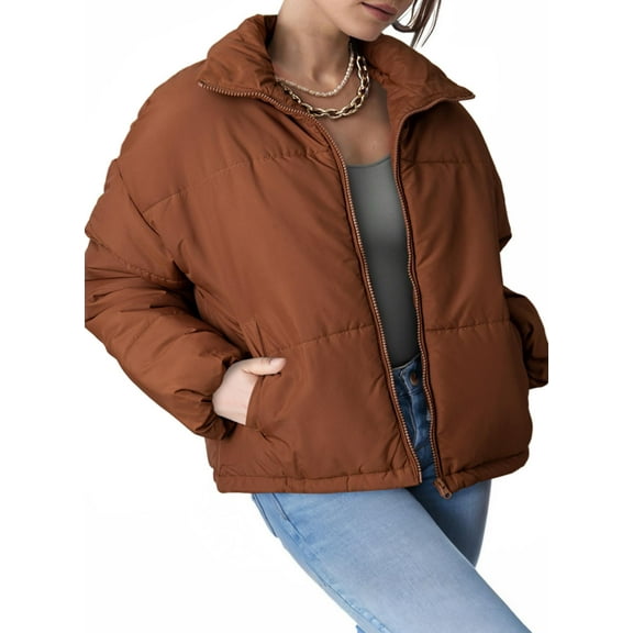 EVALESS Quilted Jackets for Women Plus Size Zip up Stand Collar Long Sleeve Puffer Jacket Warm Winter Coats Outerwear with Pockets Orange 2XL