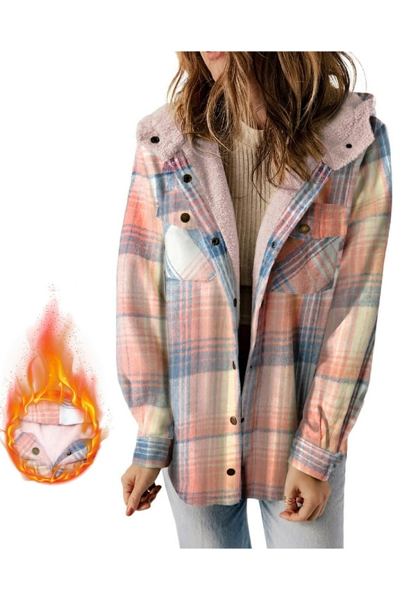 Shacket for Women Casual Plaid Hooded Jacket Long Sleeve Button Down Fleece Coat Outerwear Pink L