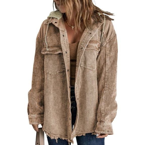 EVALESS Shacket for Women Winter Corduroy Jackets Long Sleeve Button Down Oversized Jacket Colorblock Raw Hem Hooded Coats