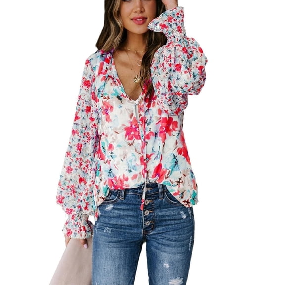 DOKOTOO Shirts for Woman Casual Boho Floral Print V Neck Long Sleeve Blouses Drawstring Button Tunic Tops Red M