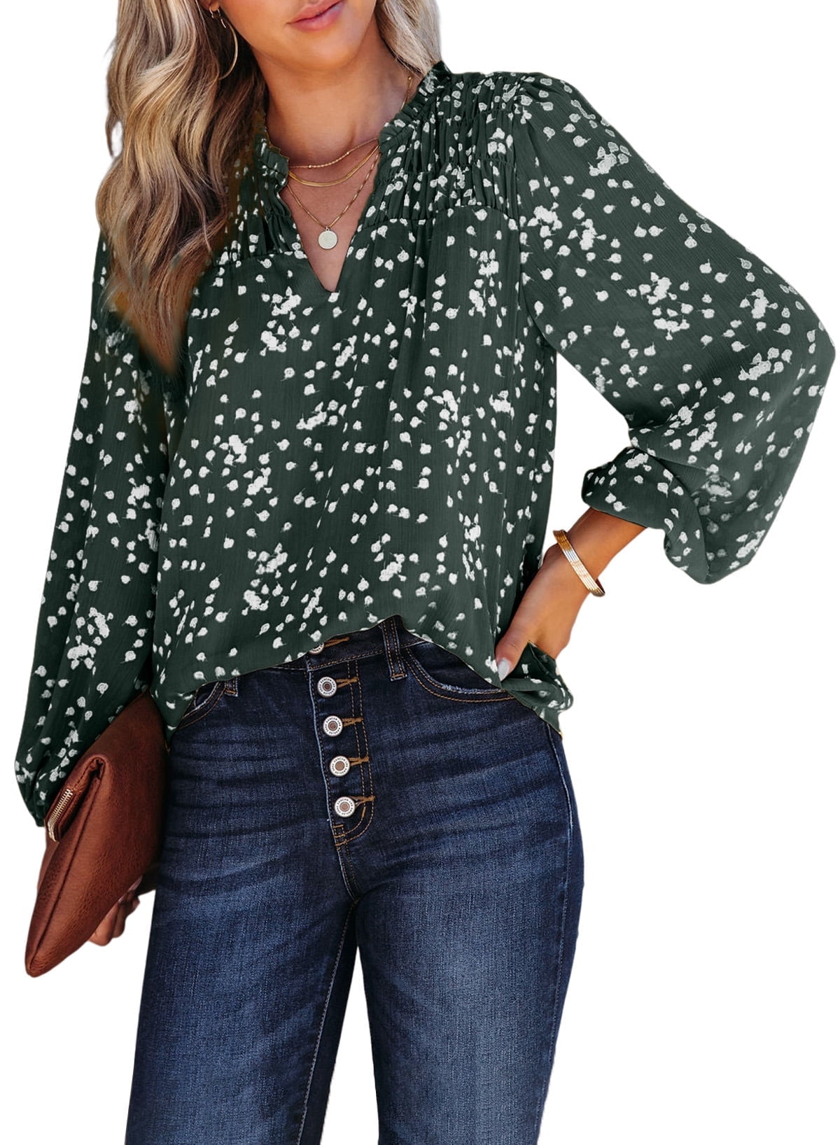 Floral V-Neck Smocked Lantern Sleeve Blouse