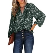 SHEWIN Smocked Tops for Women Casual V Neck Boho Floral Print Chiffon Blouses Puff Long Sleeve Shirt Green S