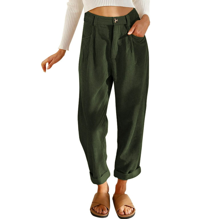 EVALESS Straight Leg Pants for Women Corduroy High Waisted Pants Vintage  Solid Color Slacks Casual Loose Trousers Green Pants with Pockets US 10