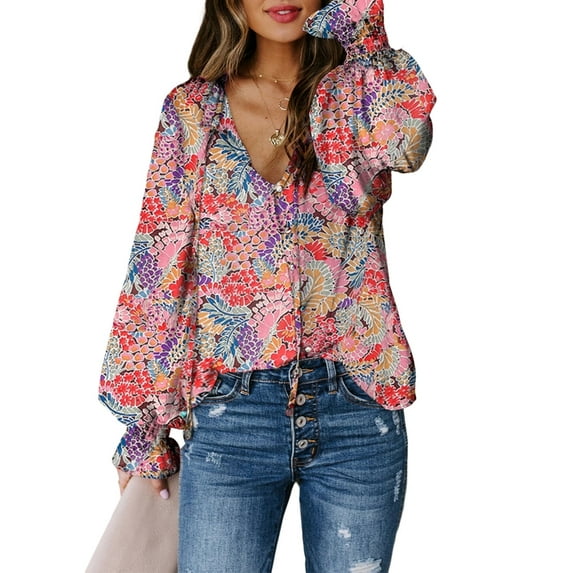 EVALESS Tops for Women Boho Floral Print Long Sleeve Blouses Casual Drawstring V Neck Button Down Shirts Red XXL