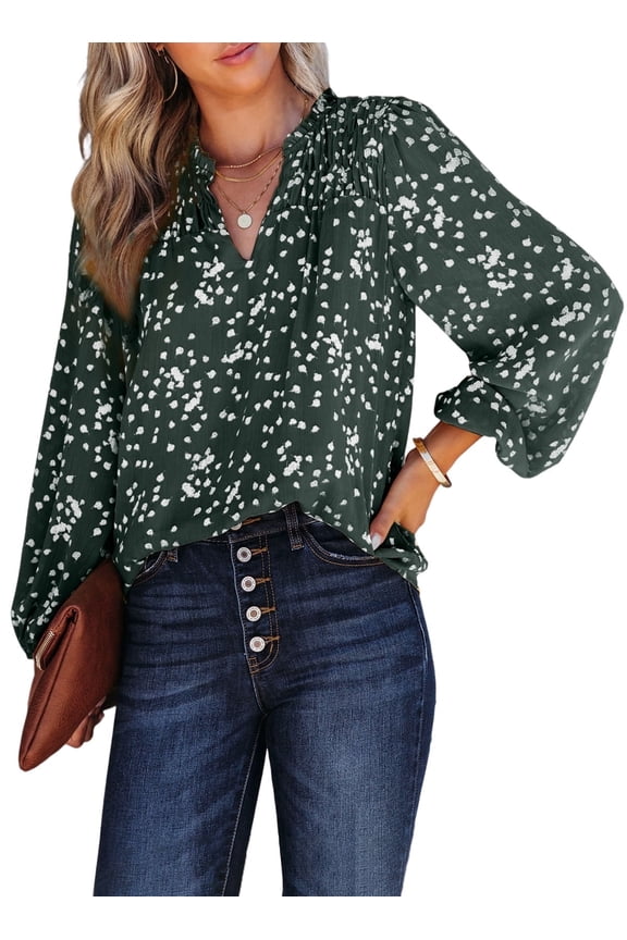 Tops for Women Casual Boho Floral Print V Neck Chiffon Blouses Loose Long Sleeve Business Shirt Green XL