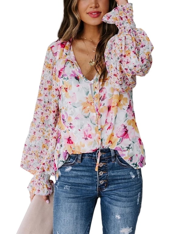 Tops for Women Trendy Casual V Neck Boho Floral Print Button Blouses Puff Long Sleeve Drawstring Chiffon Shirts Pink L