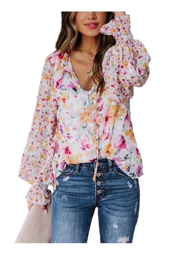 Tops for Women Trendy Casual V Neck Boho Floral Print Button Blouses Puff Long Sleeve Drawstring Chiffon Shirts Pink L