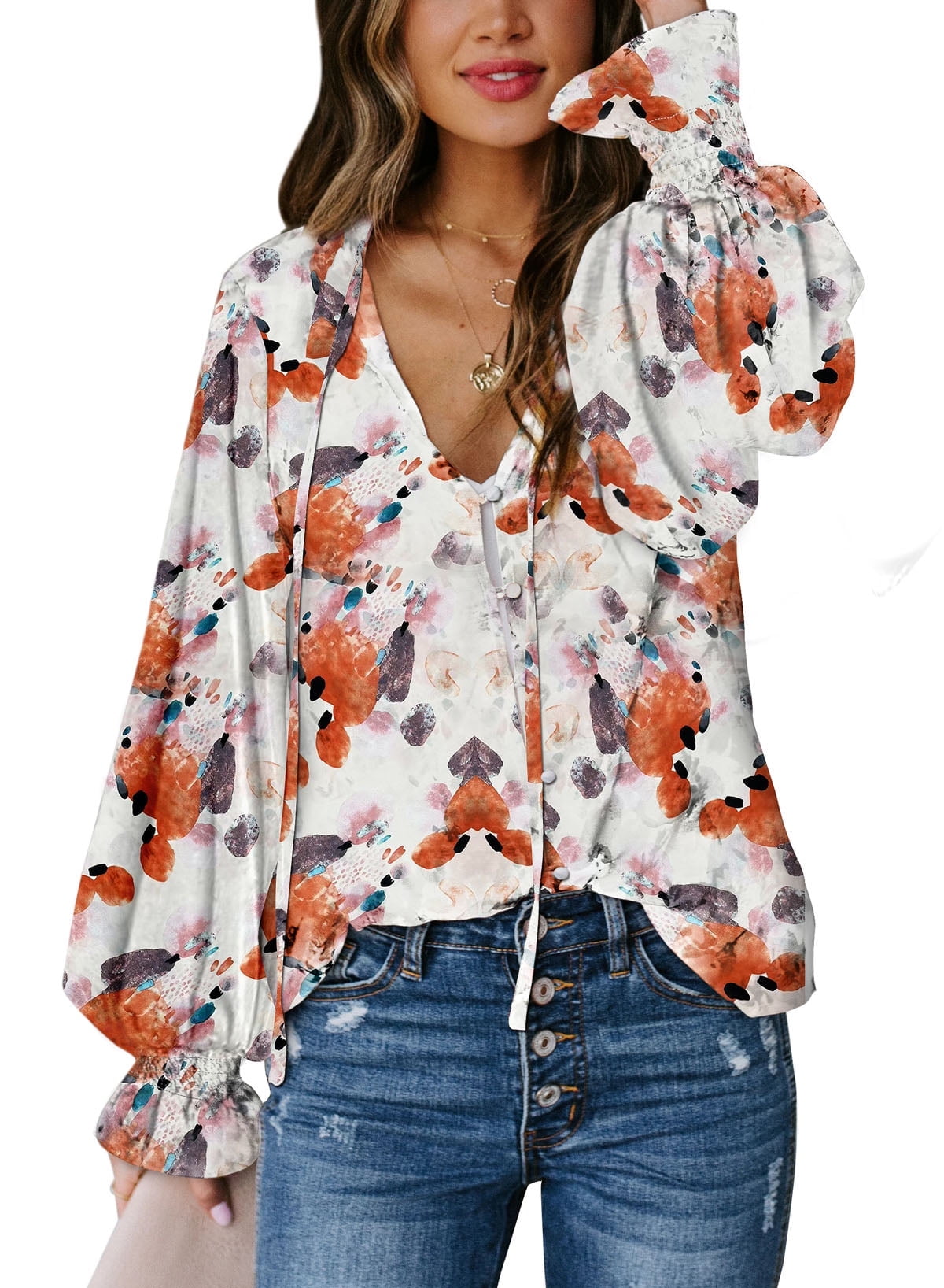 EVALESS Womens Boho Tops Casual V Neck Floral Print Button Blouses