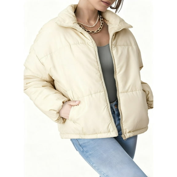 EVALESS Winter Jackets for Women Full Zipper Puffer Jacket Padding Warm Quilted Jackets Plus Size Short Coat with Pockets Apricot XL