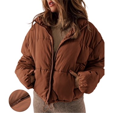 EVALESS Winter Jackets for Women Full Zipper Puffer Jacket Padding Warm Quilted Jackets Plus Size Short Coat with Pockets Orange XL