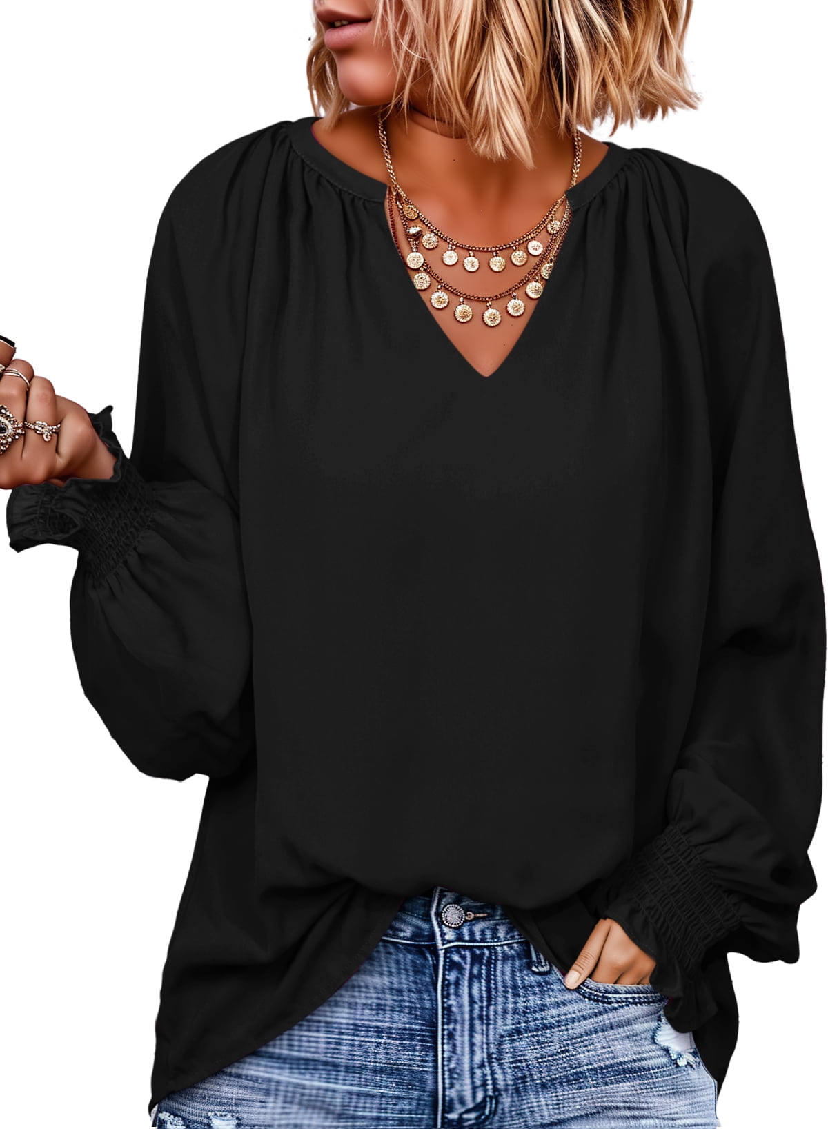 Vanfany Women's Puff Sleeve Blouse - V-Neck Long Sleeve Tunic Top, Loose Casual Shirt For Work & Outdoors
