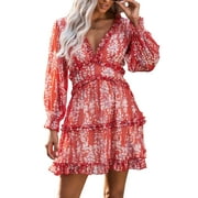 DEARLOVE EVALESS Womens Floral Print Ruffle Wedding Dresses Long Sleeve Backless Mini Dress Sky Blue Size L