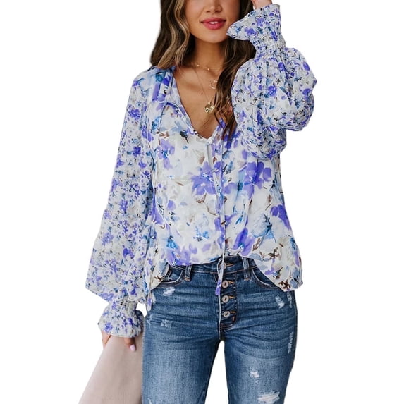 DOKOTOO Women's Boho Floral Print V Neck Blouses Casual Puff Sleeve Drawstring Tops Spring Shirts for Women Blue XL