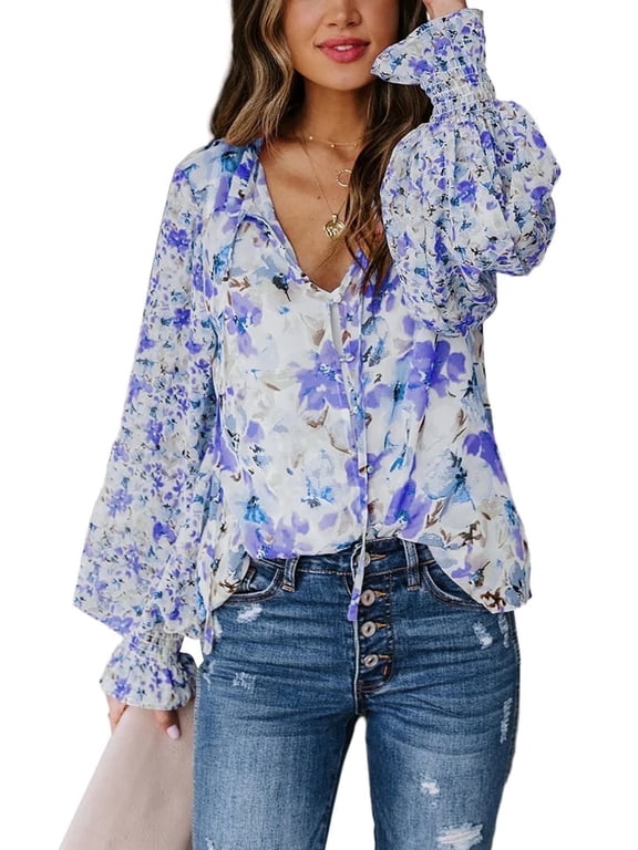 Women's Boho Floral Print V Neck Blouses Casual Puff Sleeve Drawstring Tops Spring Shirts for Women Blue XL