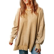 EVALESS Women's Crewneck Sweatshirts Oversized Long Sleeve Sweatshirt Casual Fall Lightweight Pullovers Tops Khaki M