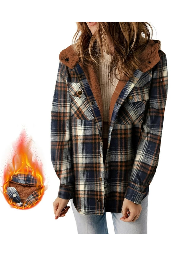 Women's Shacket Plaid Jacket Casual Long Sleeve Button Down Fleece Hooded Jackets Warm Coat M Blue