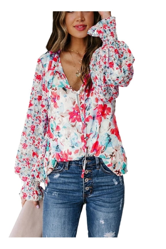 Womens Blouses Casual V Neck Long Sleeve Button Down Shirts Loose Drawstring Boho Tops Red S