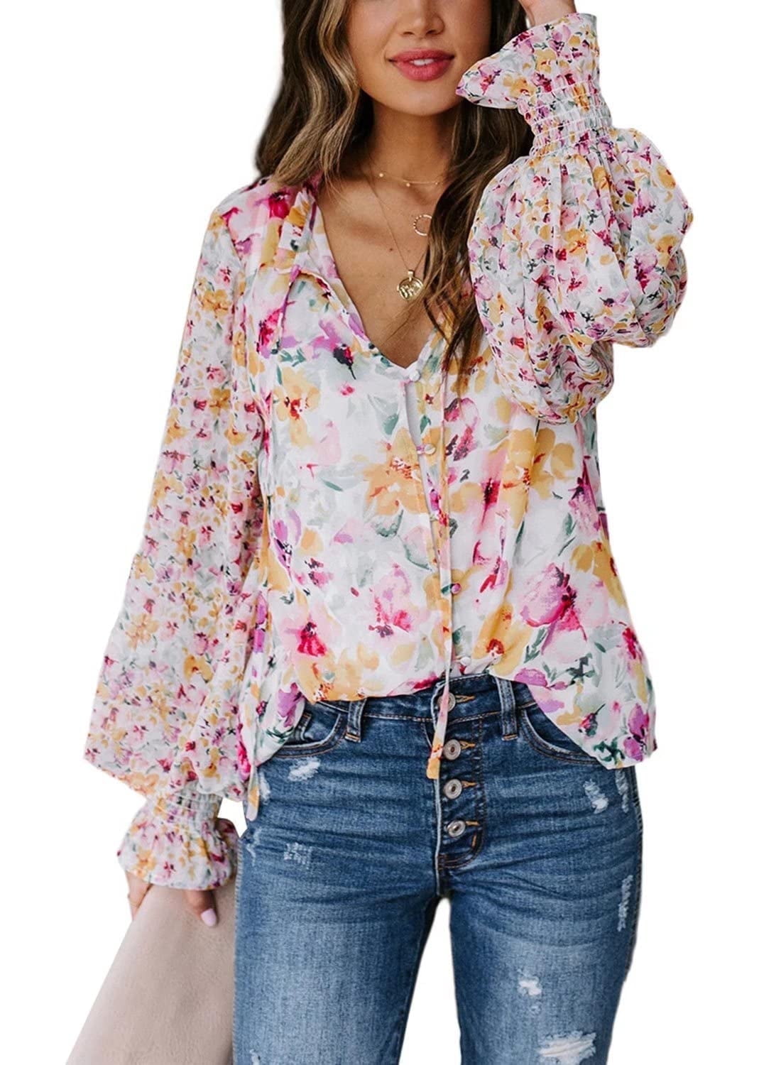 Yihaojia Women's Boho Floral Print V-Neck Long Sleeve Tunic Top - Plus Size Blouse - View #6