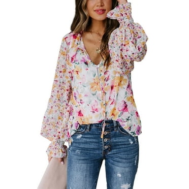 EVALESS Womens Boho Floral Print V Neck Shirt Blouses Casual Puff Sleeve Drawstring Tunic Tops S-XXL