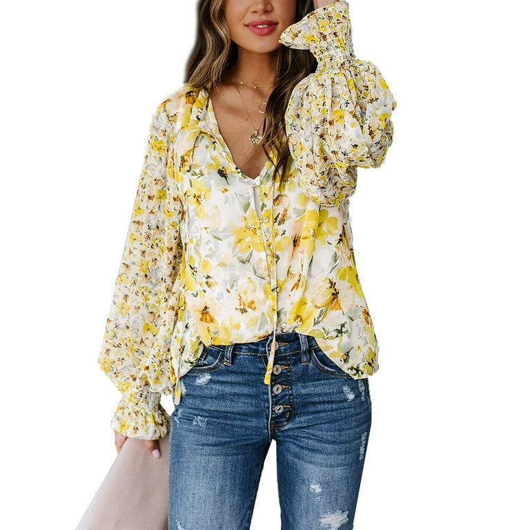 EVALESS Womens Boho Tops Casual V Neck Floral Print Button Blouses Puff  Long Sleeve Drawstring Chiffon Shirts Yellow XXL 