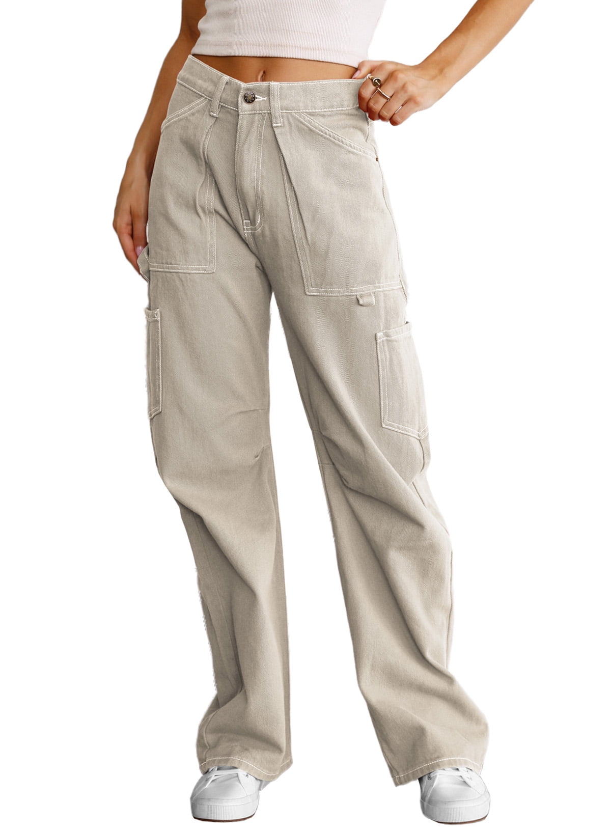 EVALESS Womens Cargo Pants Casual High Waisted Baggy Stretch Wide Leg ...