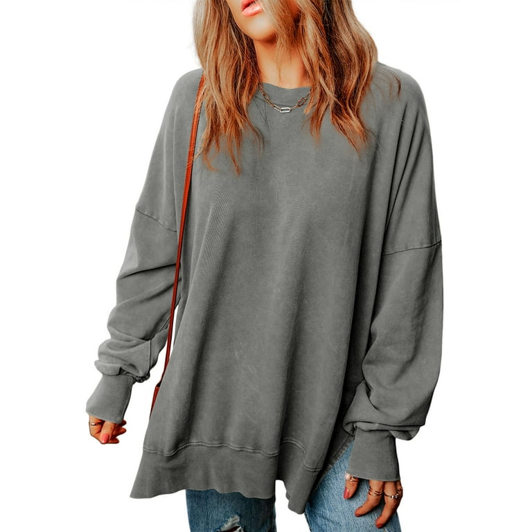 EVALESS Womens Crewneck Sweatshirts Long Sleeve Casual Pullover Sweatshirts Oversized Fall Tops Side Split Sweatshirts for Women Gray XL