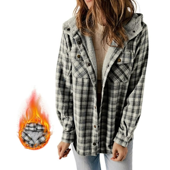 EVALESS Womens Coats Plus Size Oversized Plaid Shacket Jacket Long Sleeve Button Down Fleece Hooded Jacket Black 2XL