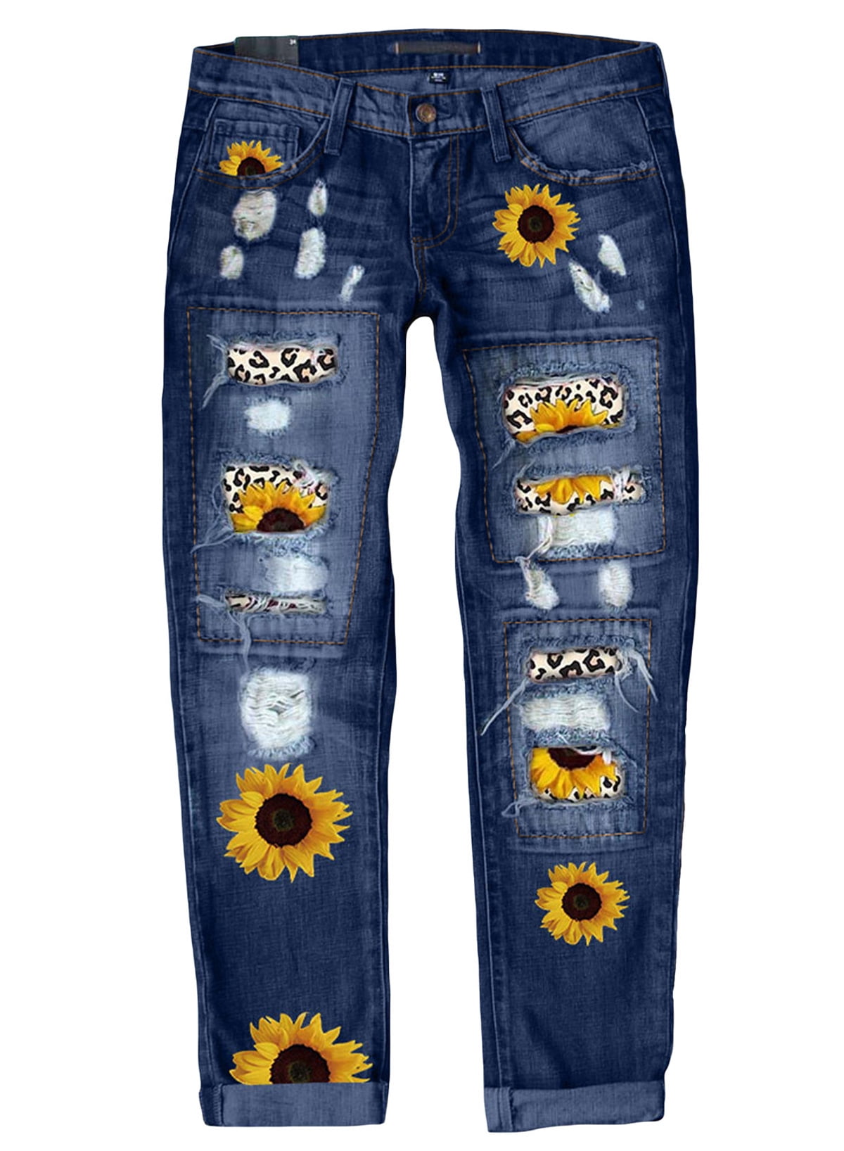 EVALESS Womens Fashion Ripped Sunflower Patchwork Boyfriend Jeans