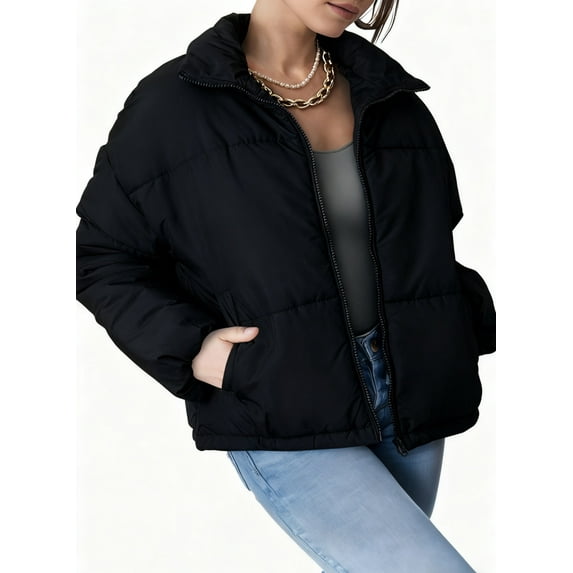 EVALESS Womens Full Zip Puffer Jacket Long Sleeve Quilted Jackets Short Winter Coats with Pockets Black L