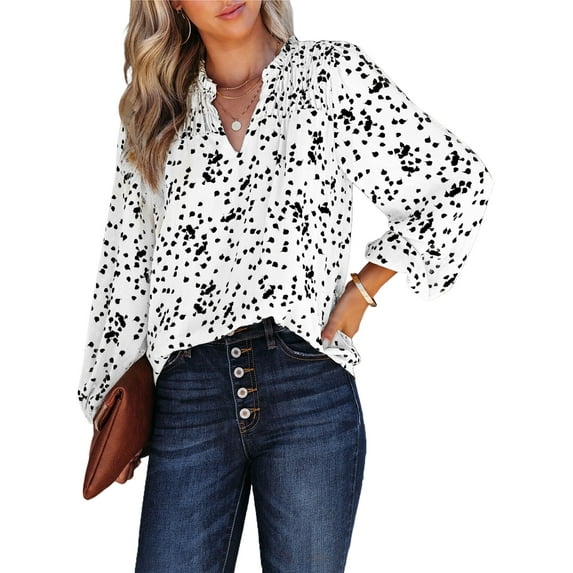 SHEWIN Womens Long Sleeve Smocked Tops Casual V Neck Floral Print Tunic Tops Loose Chiffon Boho Blouse Shirts White S