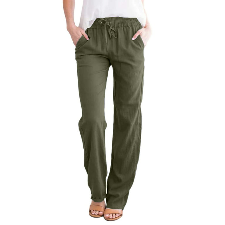 EVALESS Womens Pants Straight Leg Drawstring Elastic High Waist Linen Pants  Casual Pants with Pockets Green M US 8-10 